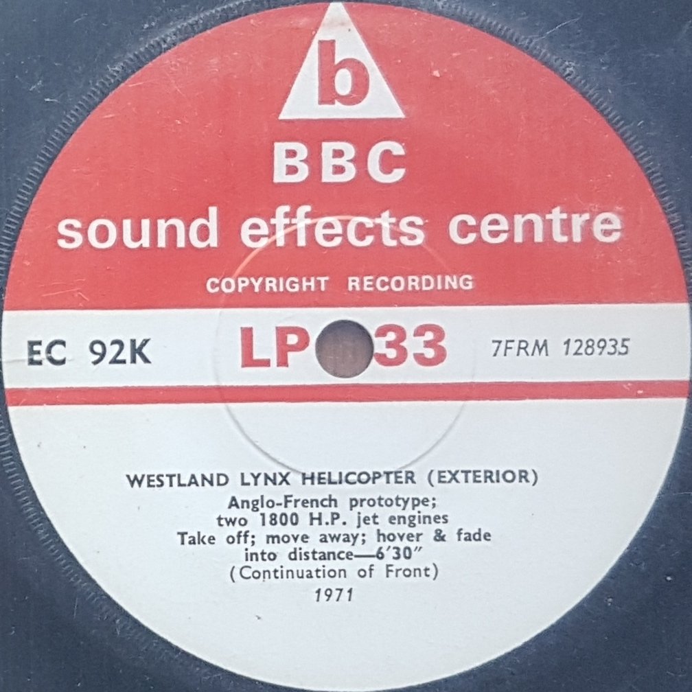 EC 92K Westland Lynx helicopter (Exterior) Not registered from the BBC records and Tapes library Label